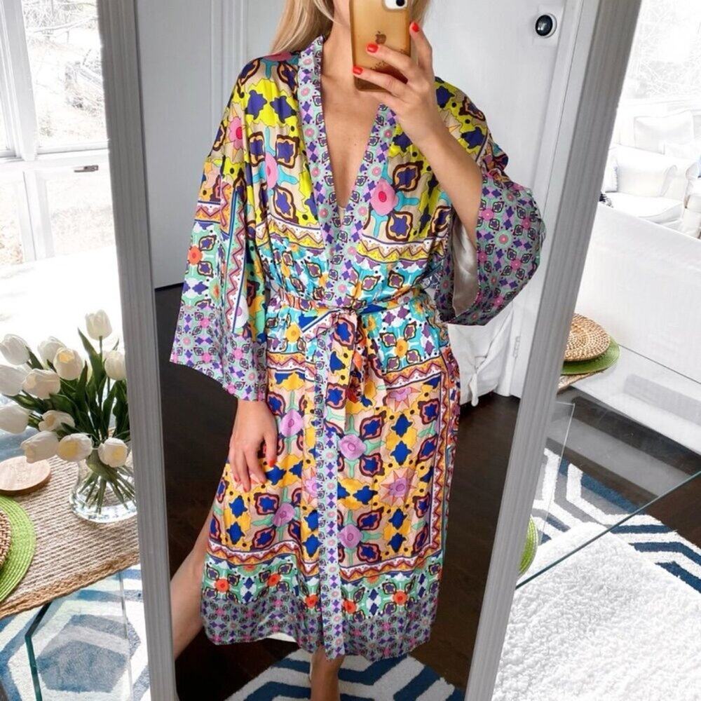 A403 β’ Open Front Colorful Patchwork Print Belted Kimono Robe